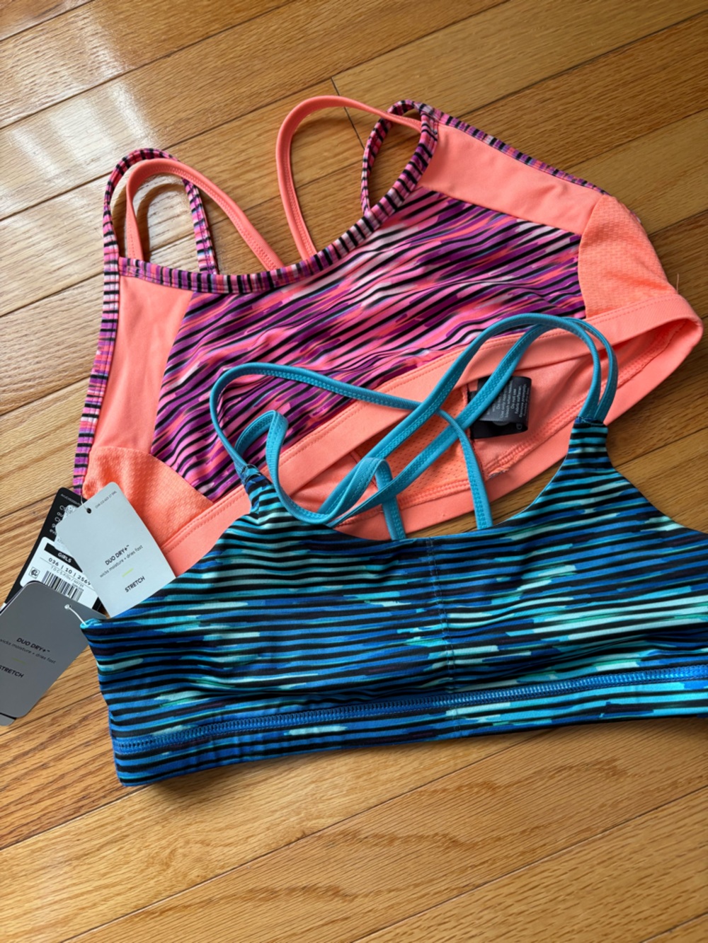 NWT LOT of 2 C9 by Champion Coral Pink and Teal Striped Kids Sports Bras XL